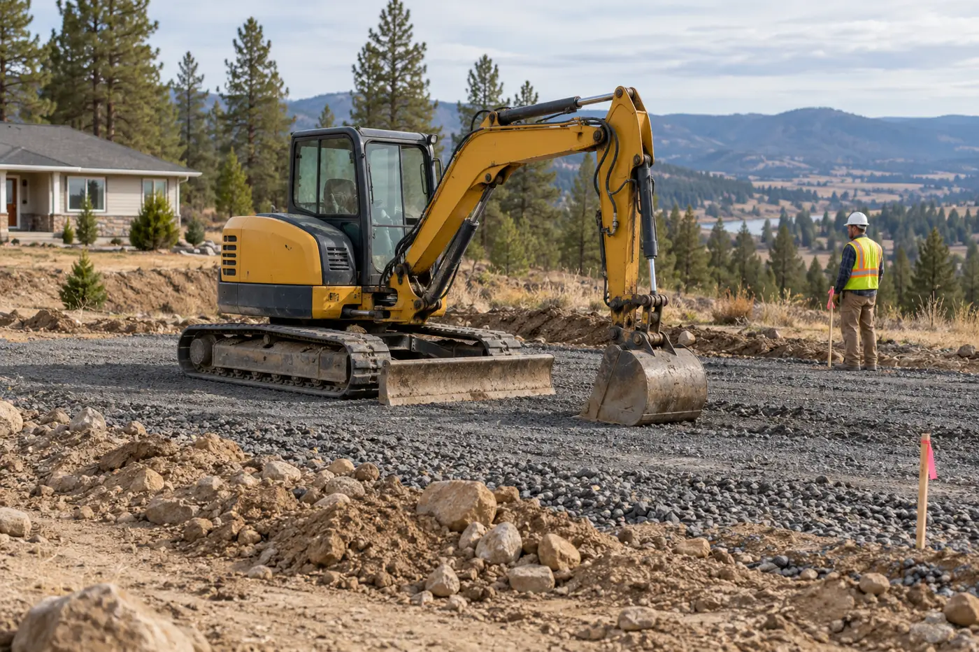 Illustrative scene of a compact excavator on a gravel building pad with Inland Northwest pines.